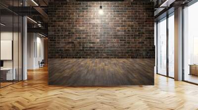 Empty brick wall room with wooden planks floor and lightbulb. 3d rendering Wall mural