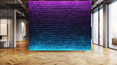 Modern futuristic neon lights on old grunge brick wall room background. 3d rendering Wall mural