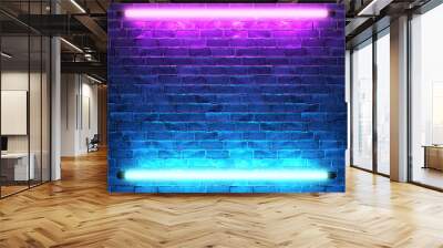 Modern futuristic neon lights on old grunge brick wall room background. 3d rendering Wall mural