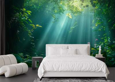 Light coming through a lush forest  Wall mural