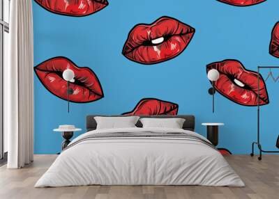 Red lips on blue background  Wall mural