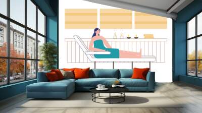 Young woman is sitting waiting for spa treatment. Activities at the spa and salon. Spa vector illustration.	 Wall mural