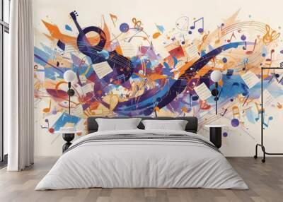 Abstract musical background with musical notes and instruments in vibrant colors, highlighting rhythm and harmony. Ideal for music and performance-themed projects. Wall mural