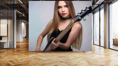 beautiful woman playing bass guitar, AI generated Wall mural