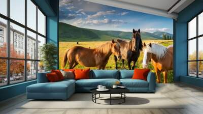 horses in a green meadow, AI generated Wall mural