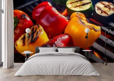 red and yellow peppers, aubergines and courgettes being grilled, Wall mural