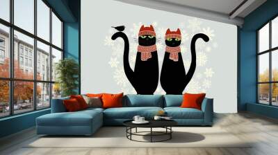 Christmas card with cute cartoon black cats and snowflake Wall mural