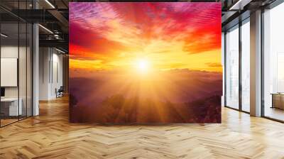 Amazing mountain landscape with colorful vivid sunset on the bright sky, natural outdoor travel background Wall mural