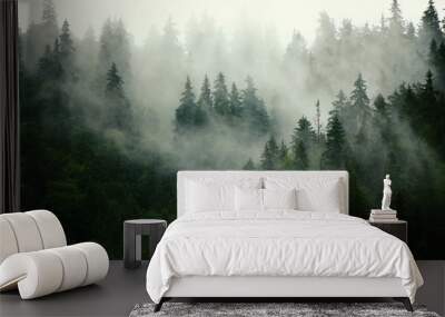 Misty landscape with fir forest in hipster vintage retro style Wall mural