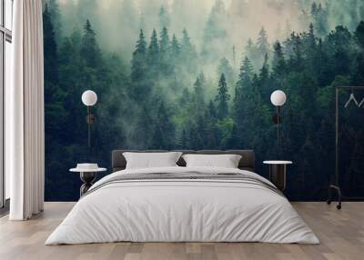 Misty landscape with fir forest in hipster vintage retro style Wall mural