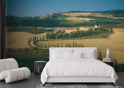 Villa in Tuscany with cypress road, idyllic seasonal nature landscape vintage hipster background Wall mural