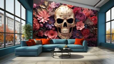 A Skull Surrounded by flowers for holloween ~ Created using Generative AI Wall mural