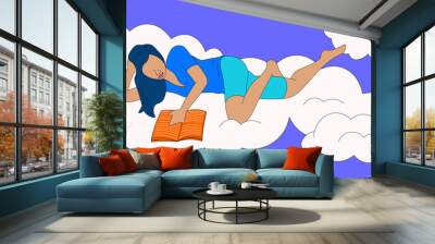 Girl with straight hair lying down reading on a cloud Wall mural