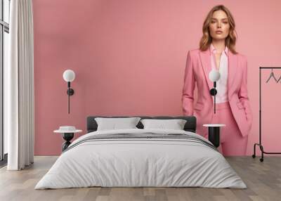 A young blond woman in pink clothing stands against a solid pink background. Studio. Isolated pink background. Generative AI. Wall mural