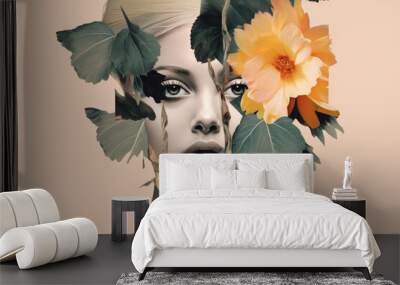 Abstract fashion art paper collage. Portrait of a woman with many flowers. Generative AI Wall mural