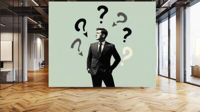 Minimalist retro collage of a black-and-white photograph of a man in a suit against a green background, surrounded by arrows and question marks. Concept of doubt and choice. Wall mural