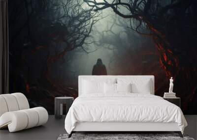 Human walks in dark misty forest. Wall mural