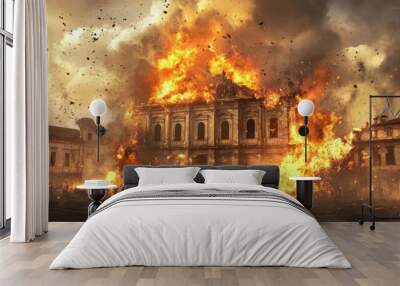 A large building in a city is engulfed in flames, with people running away from the fire. Wall mural