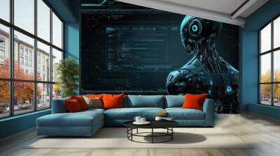 A metallic humanoid robot with a blue glowing eye stands in front of a large futuristic screen. Wall mural