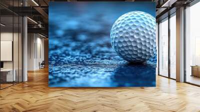 A single white golf ball rests on a blue textured surface. Wall mural