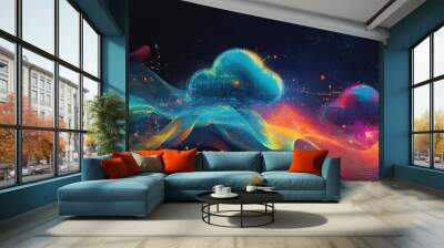 Abstract cloud computing illustration with colorful glowing waves and particles on dark background. Wall mural