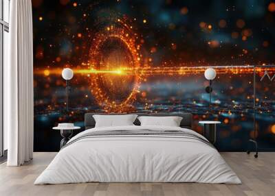 Abstract glowing orb with a horizontal beam of light on a dark background. Wall mural