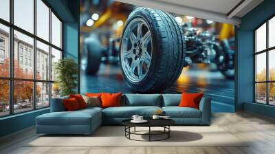 Close-up of a car chassis with a tire and wheel on a factory floor. Wall mural