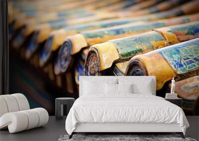 Close-up of ornate, colorful, glazed, ceramic roof tiles in a row. Wall mural