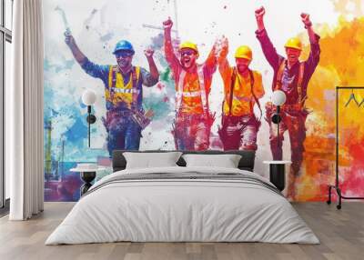 Four construction workers running in a colorful watercolor style, celebrating a project completion with arms raised. Wall mural