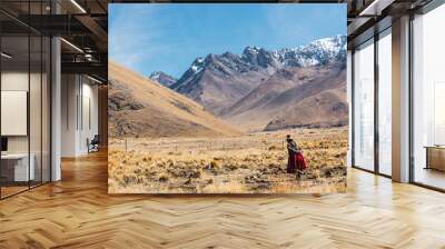 indigenous women walking dressed in typical dress made of alpaca fiber on a sunny day surrounded by clouds and a blue sky Wall mural