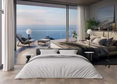 A bedroom with a view of the ocean and a balcony that is beautiful Wall mural