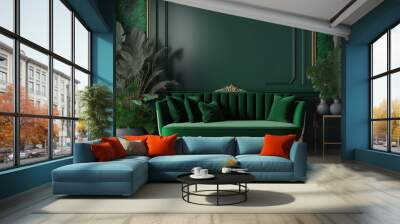 Interior mockup green wall with green sofa in living room. Generative AI. Wall mural