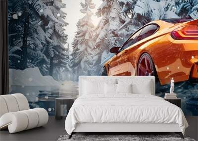 a car wheels on the background of a winter road and a beautiful landscape, a snow-covered forest, a concept of traffic safety on a slippery road Wall mural