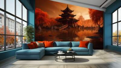 Asian house or far East house by the lake, artistic paintings, cinematic image. Generative Ai Wall mural