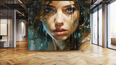 Paint dripping effects added to oil painting female face paintings. Wall mural