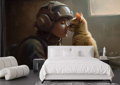 Portrait of warrior man or warrior woman living in the future with cat on battlefield.  Wall mural