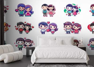 Set of kawaii couple in sticker style. Wall mural