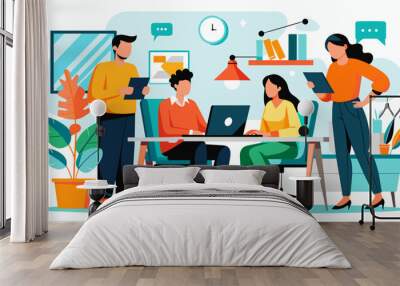 Vector illustration of office staff working together. Wall mural