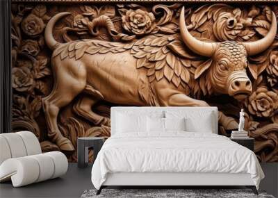 Wood carving art, dragon, lion, rabbit, forest wood carving patterns. Generative Ai Wall mural