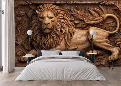 Wood carving art, dragon, lion, rabbit, forest wood carving patterns. Generative Ai Wall mural