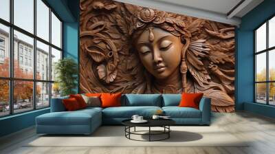 Wood carving art, dragon, lion, rabbit, forest wood carving patterns. Generative Ai Wall mural