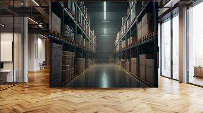 A large clean warehouse with shelfs, carboard boxes and products. Created with Generative AI technology Wall mural