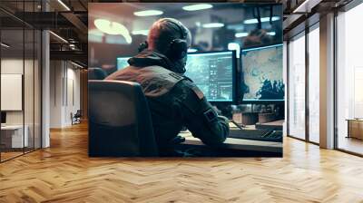 Military Surveillance Officer Working on a City Tracking Operation in a Central Office Hub for Cyber Control and Monitoring for Managing National Security. Created with Generative AI technology Wall mural