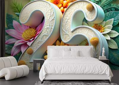 white 25 with flower background Wall mural