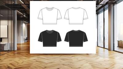 Crew neck crop top women's t-shirt template drawing, basic t-shirt drawing, White Background Wall mural