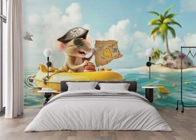 A mouse dressed as a pirate floats on a yellow inflatable boat surrounded by scattered gold coins, holding a treasure map with an exotic island in the background Wall mural