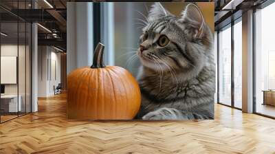 Curious tabby cat sitting by a window with a small pumpkin Wall mural