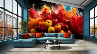 fresh and hot pepper in a black splash on a black background, with smoke. Wall mural