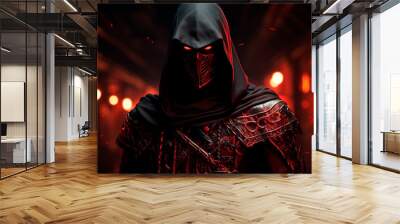 portrait of a young devil dressed in leather with a hood and a red lantern on the background of the night city. Wall mural