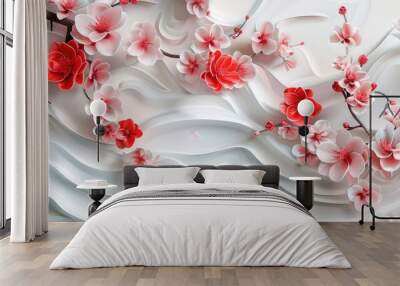 An icon of red flowers with a Japanese pattern as a cherry blossom background modern. Wall mural